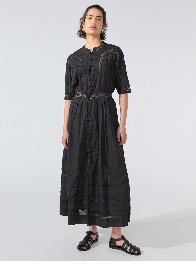 August Embroidered Button Down Dress Black