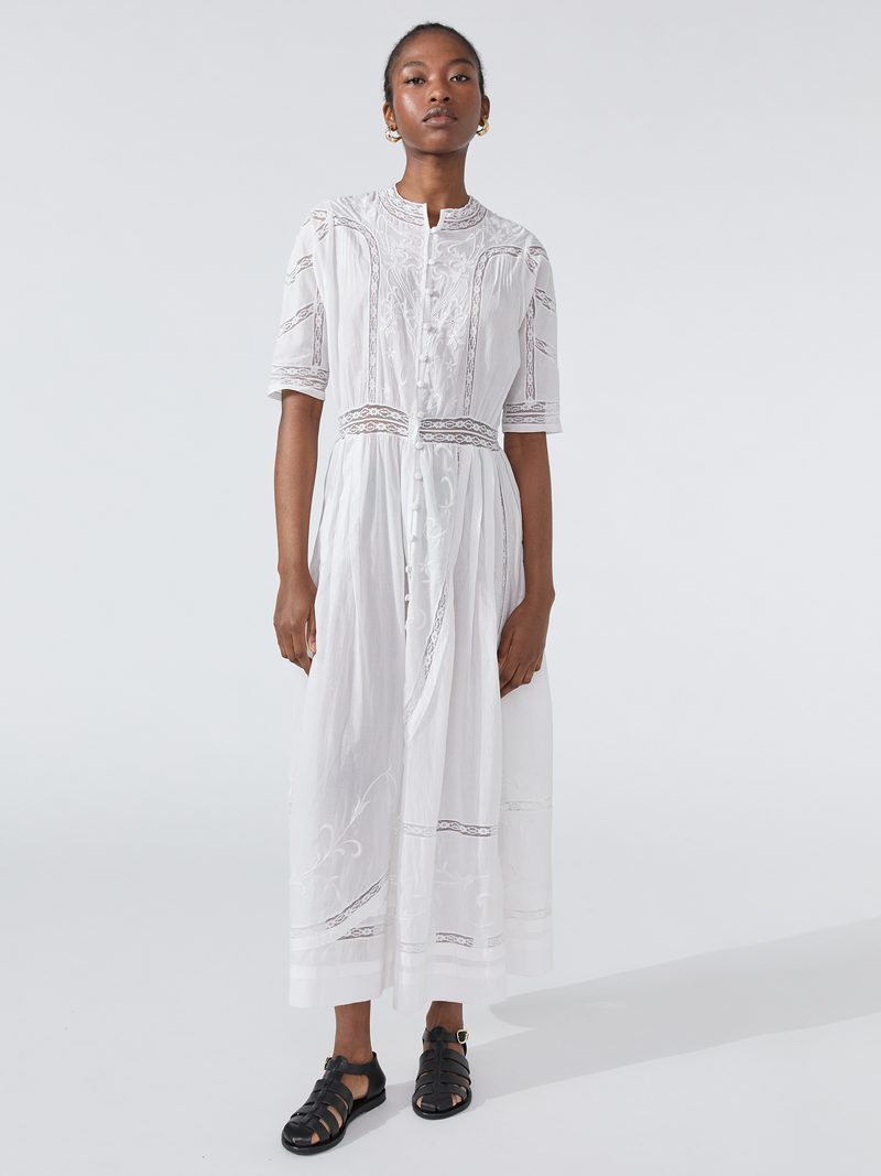 August Embroidered Button Down Dress White