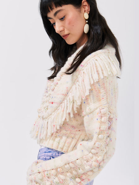 Fluffy Clouds Alpaca Bobble Fringe Bomber Cardigan