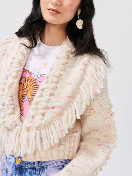 Fluffy Clouds Alpaca Bobble Fringe Bomber Cardigan