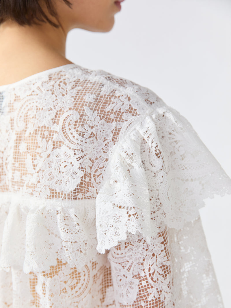 Blanche Lace Ruffle Sleeve Midi Dress