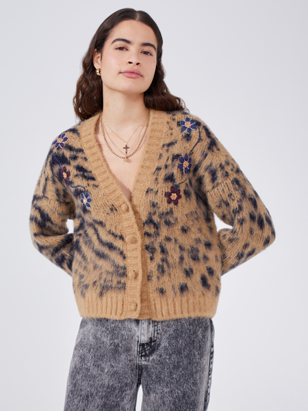 Big Meow Alpaca Jacquard Cardigan Camel Navy