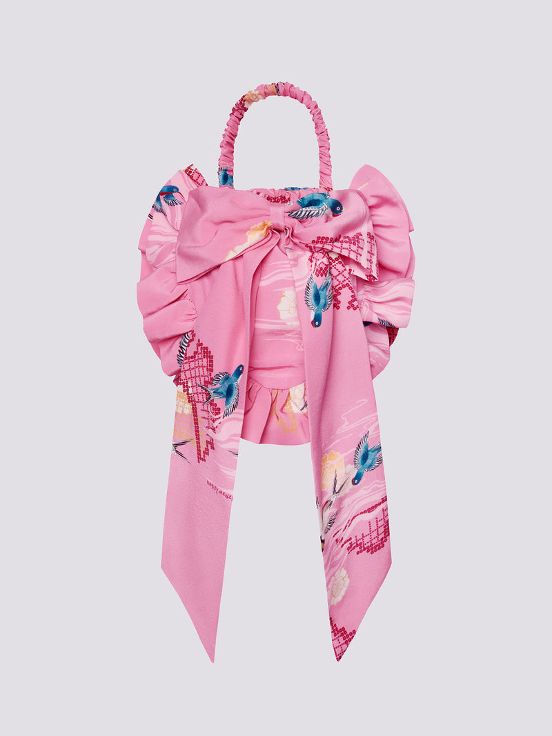 Charming Birds Pink Silk Heart Shape Bag