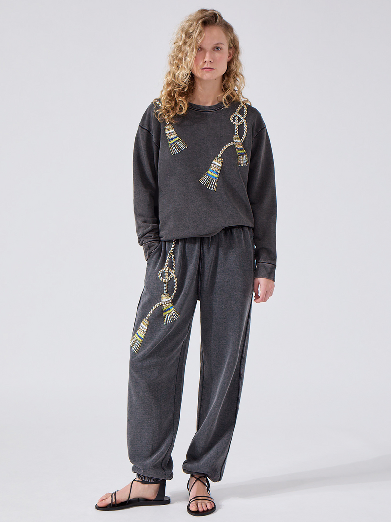 Tassel Beaded Joggers Acid Wash Grey