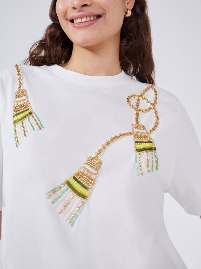 Tassel Beaded T-Shirt White