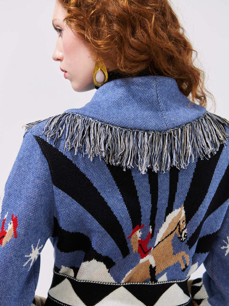 Sunrise Rodeo Merino Jacquard Long Cardigan Denim Blue Hayley Menzies