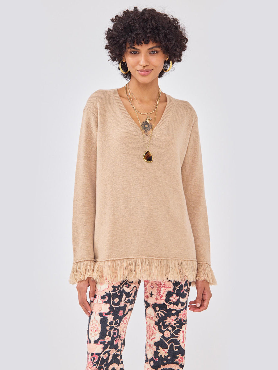 Cashmere Fringe V Neck Jumper Camel