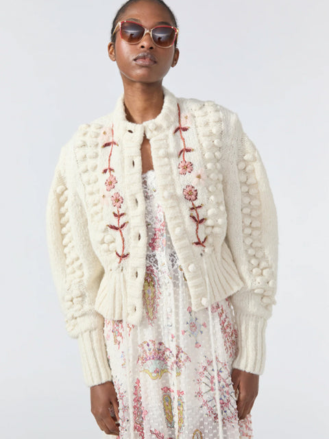 Gloria Embroidered Alpaca Cardigan Ecru