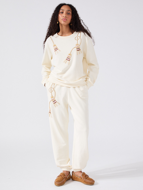 Tassel Beaded Joggers Cream