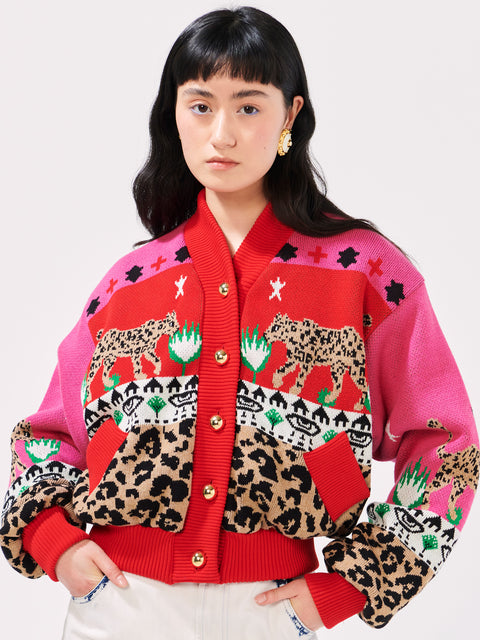 Leopardess Cotton Merino Bomber Jacket Pink/Red