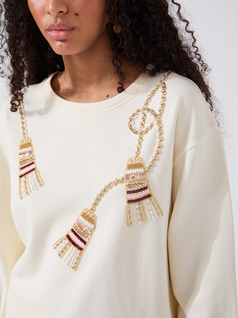 Tassel Beaded Sweatshirt Cream