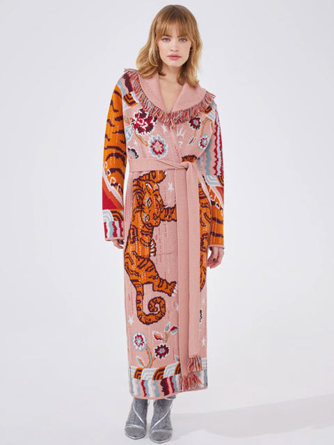 Tibetan Tiger Merino Jacquard Long Cardigan Pink