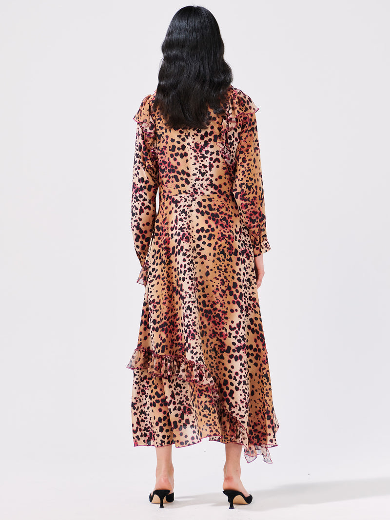 Natural Cheetah Frill Silk Midi Dress