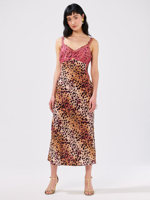 Natural Cheetah Lace Silk Midi Slip Dress