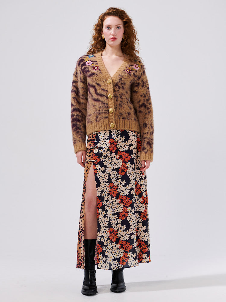 Cheetah Blossom Paneled Silk Maxi Skirt