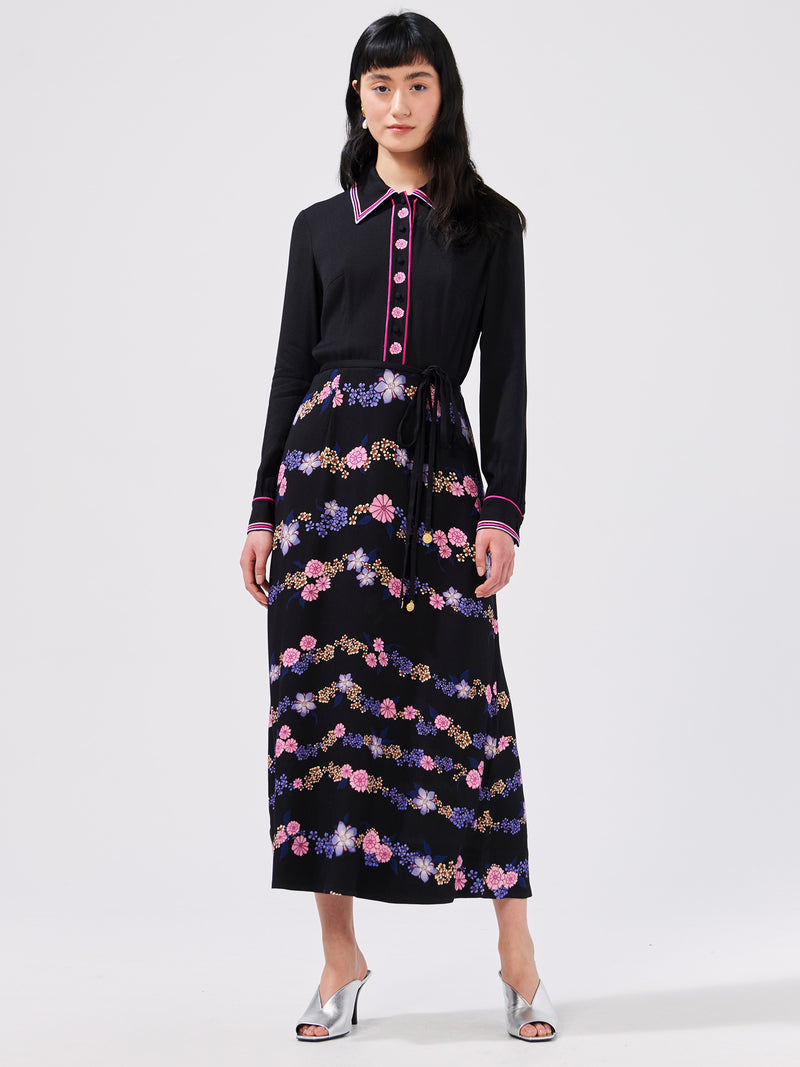 Floral Chain Embroidered Crepe Shirt Dress