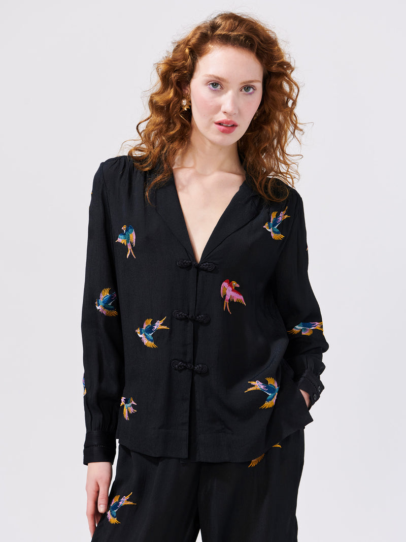 Midnight Charming Birds Embroidered Crepe Pyjama Blouse