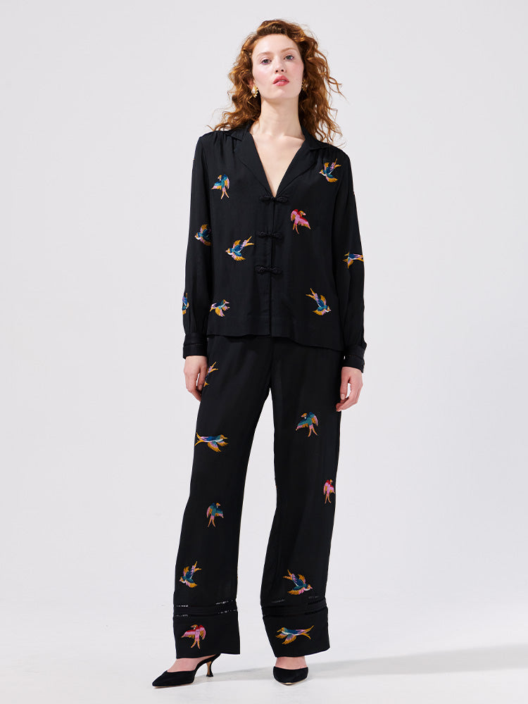 Midnight Charming Birds Embroidered Crepe Pyjama Trouser