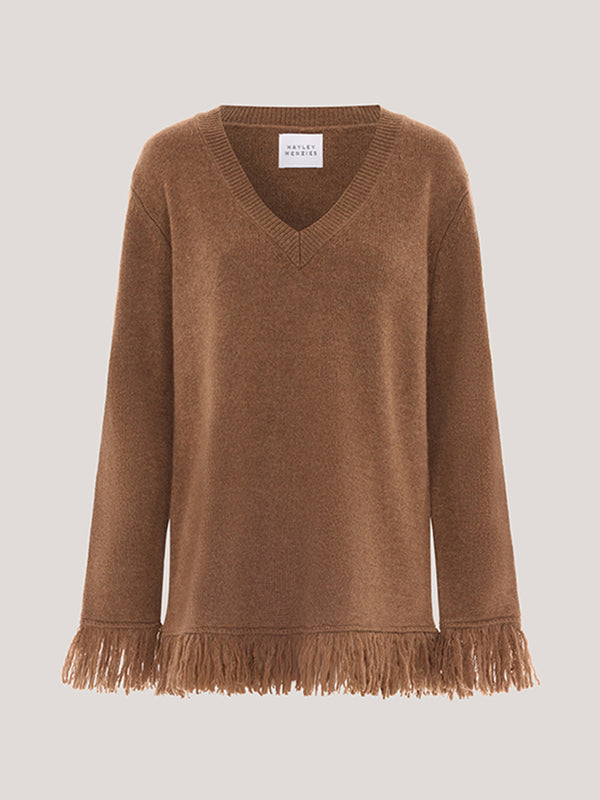 Cashmere Fringe V Neck Jumper Brown