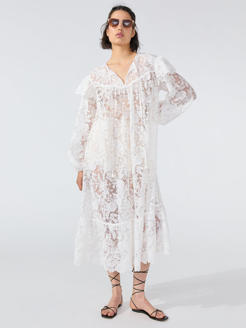 Blanche Lace Ruffle Sleeve Midi Dress