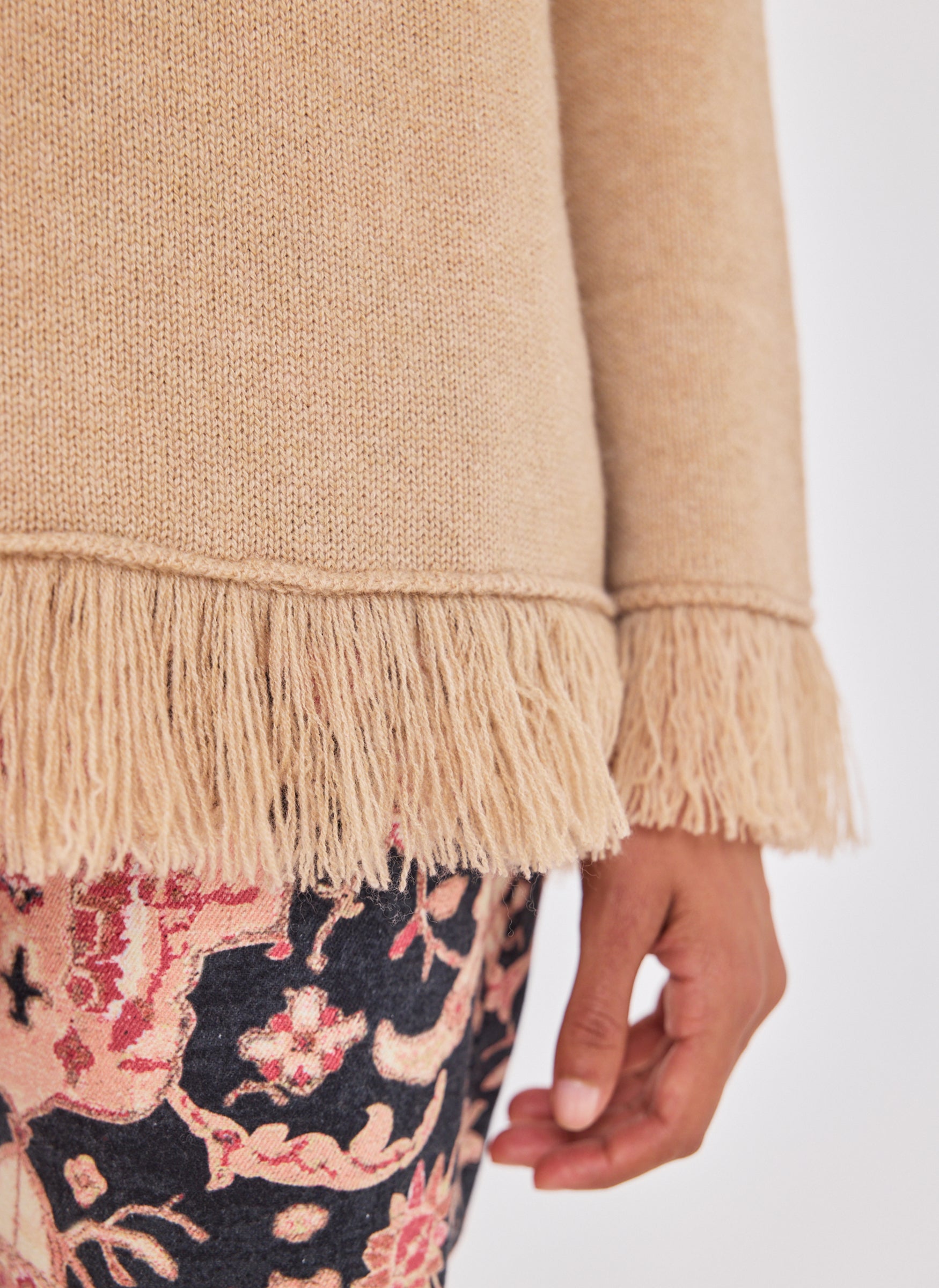 Cashmere Fringe V Neck Jumper Camel