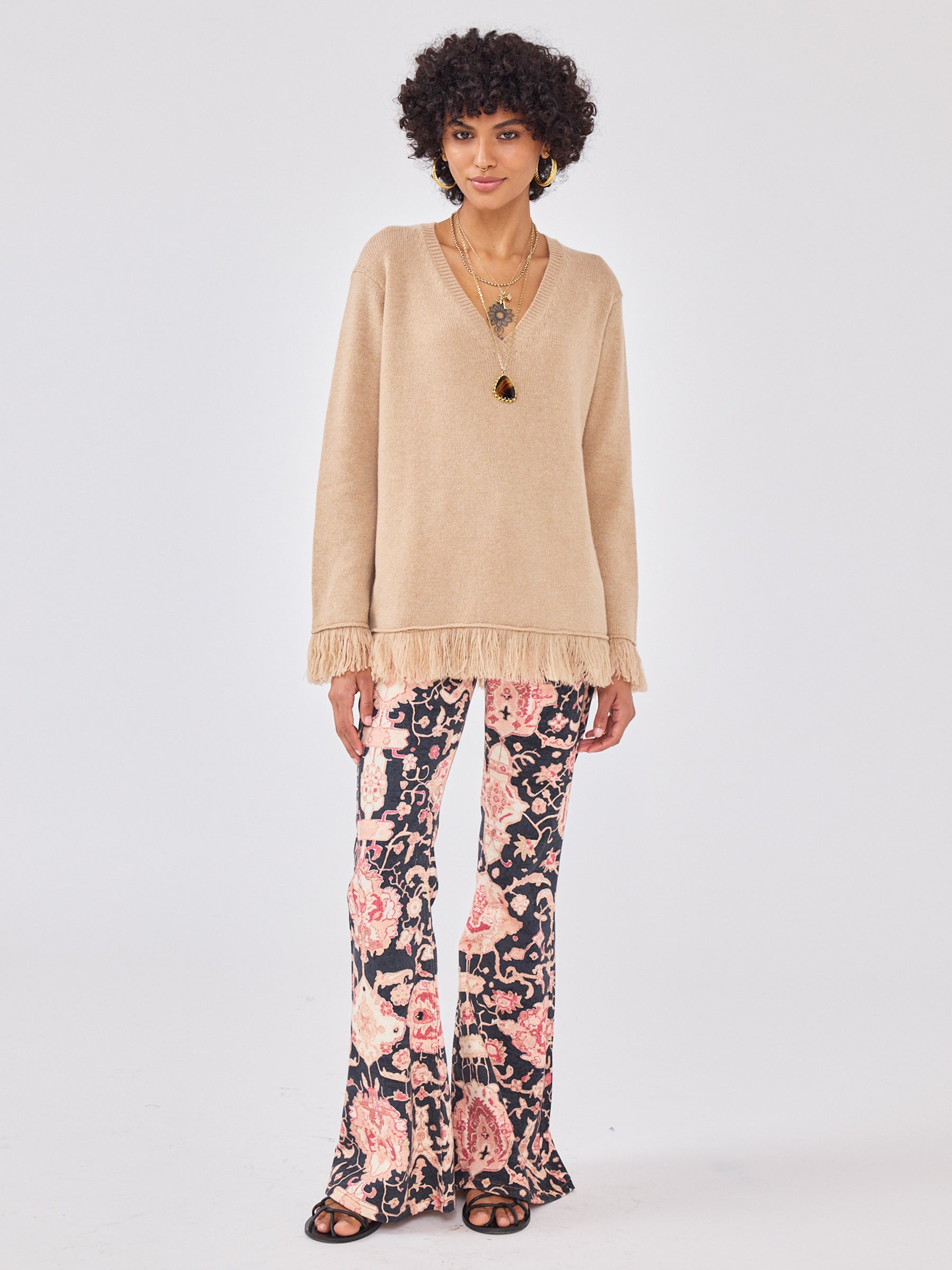 Cashmere Fringe V Neck Jumper Camel