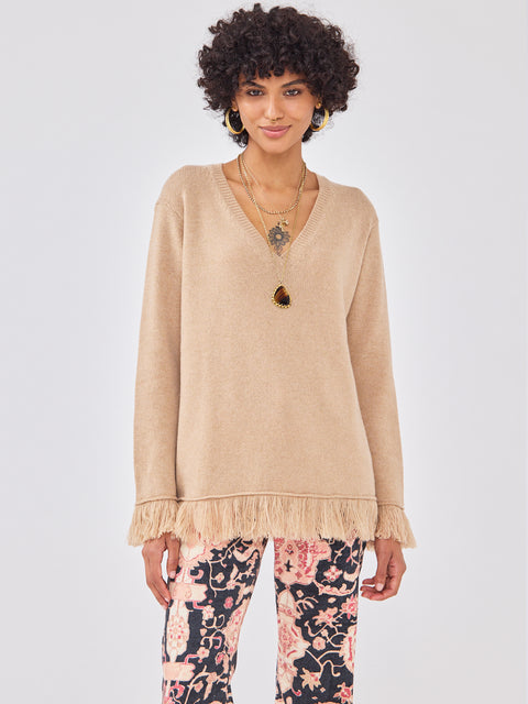 Cashmere Fringe V Neck Jumper Camel