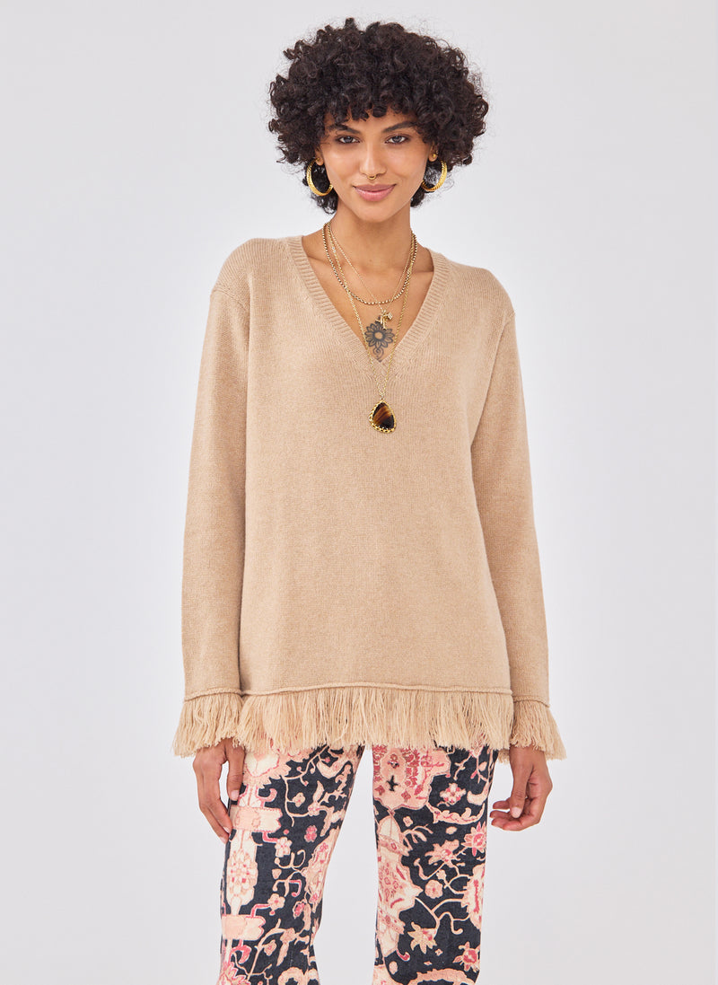 Cashmere Fringe V Neck Jumper Camel