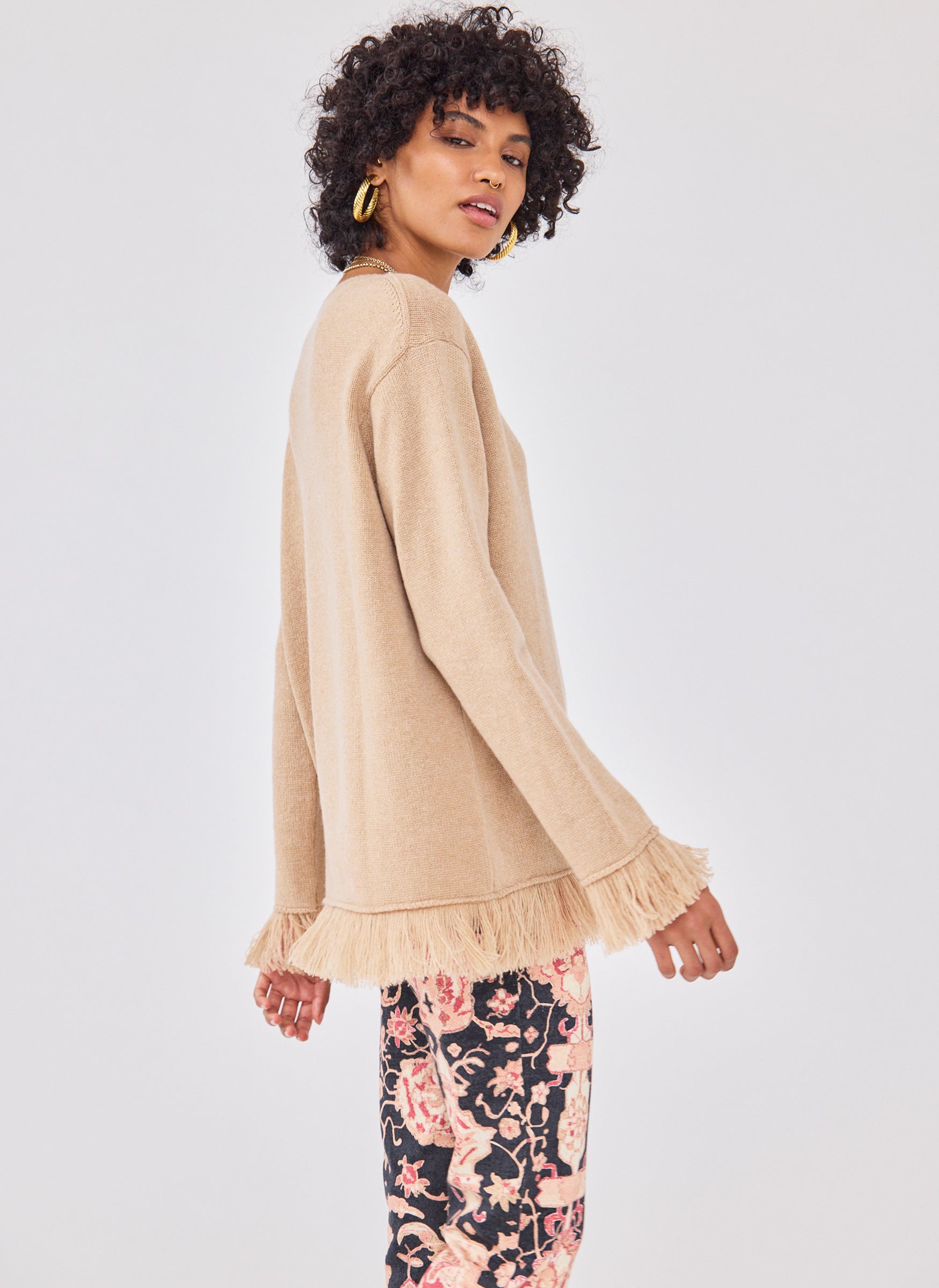 Cashmere Fringe V Neck Jumper Camel