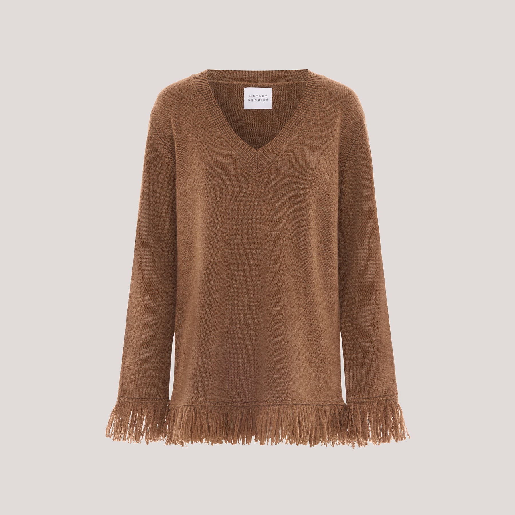 Cashmere Fringe V Neck Jumper Brown