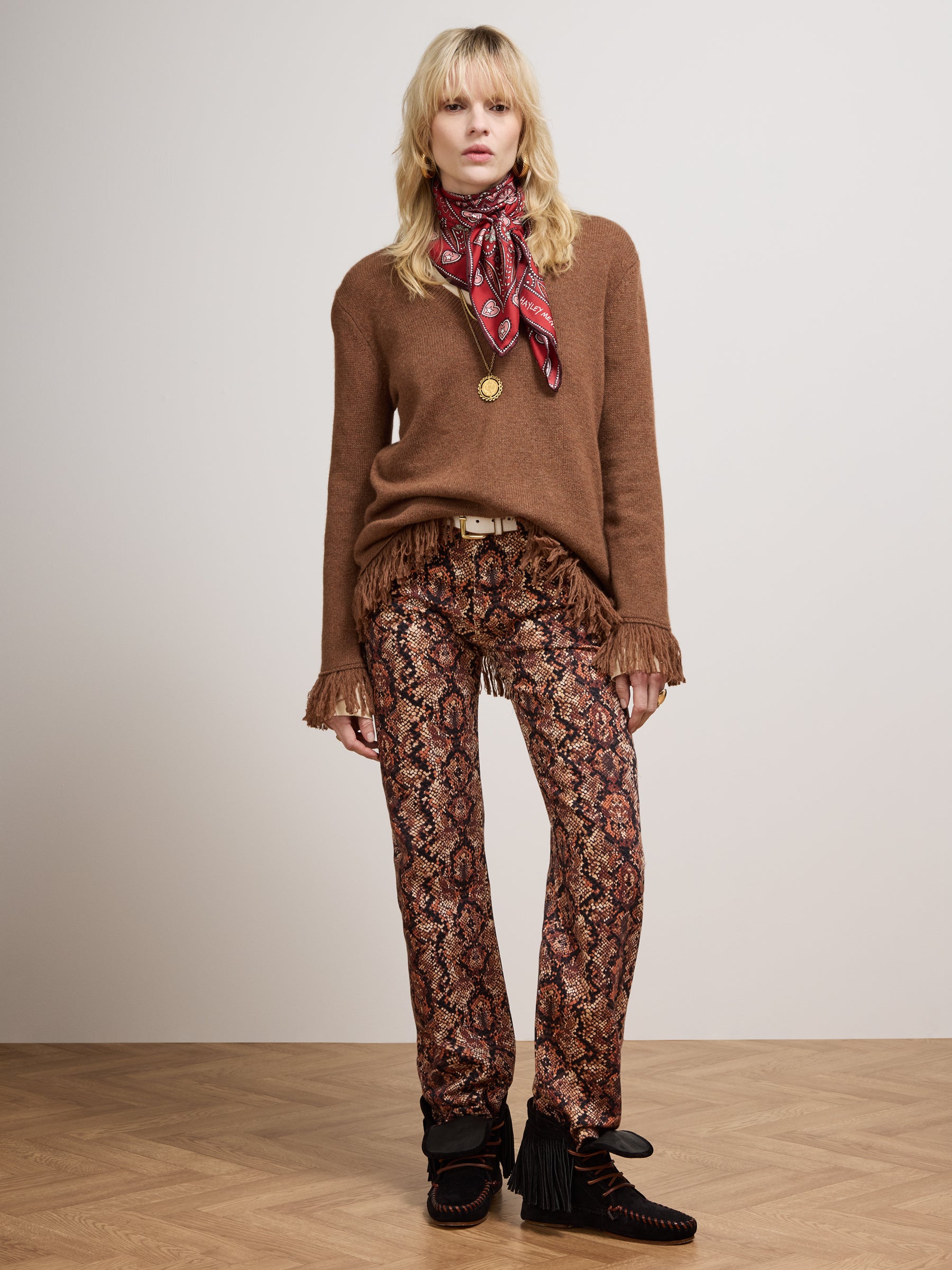 Cashmere Fringe V Neck Jumper Brown