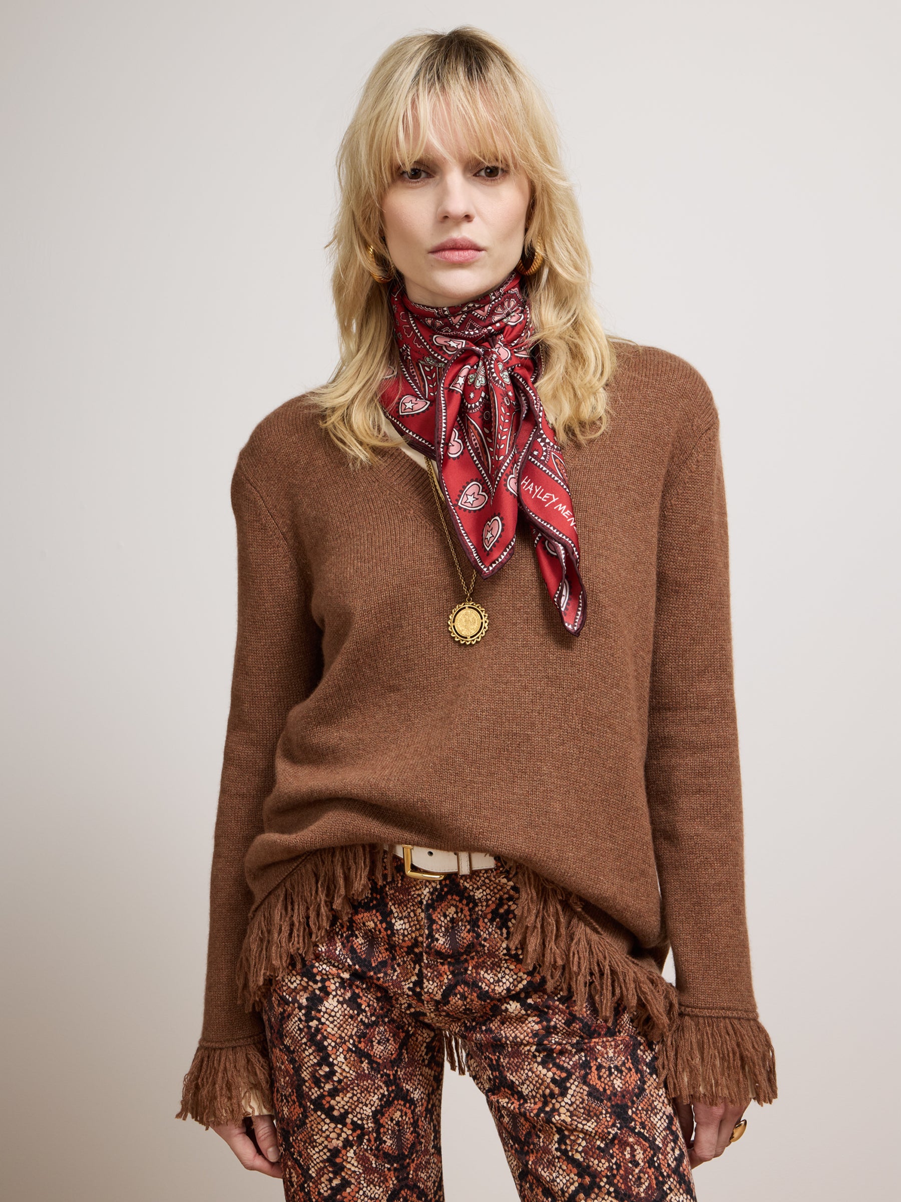 Cashmere Fringe V Neck Jumper Brown