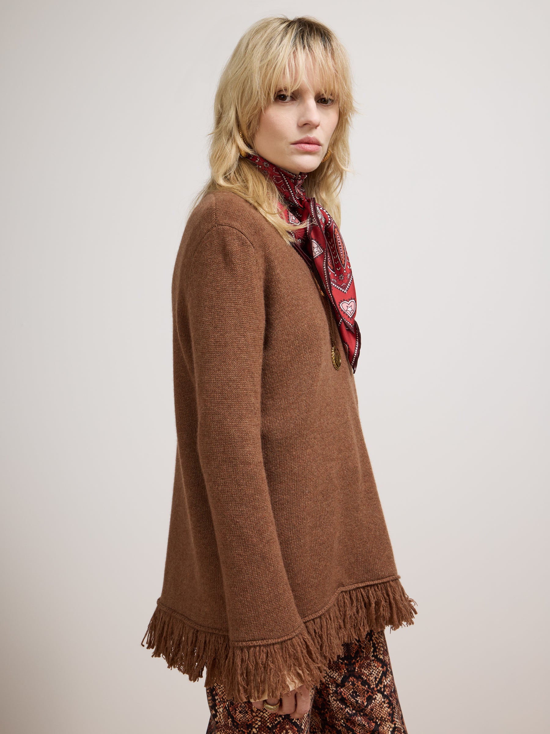 Cashmere Fringe V Neck Jumper Brown