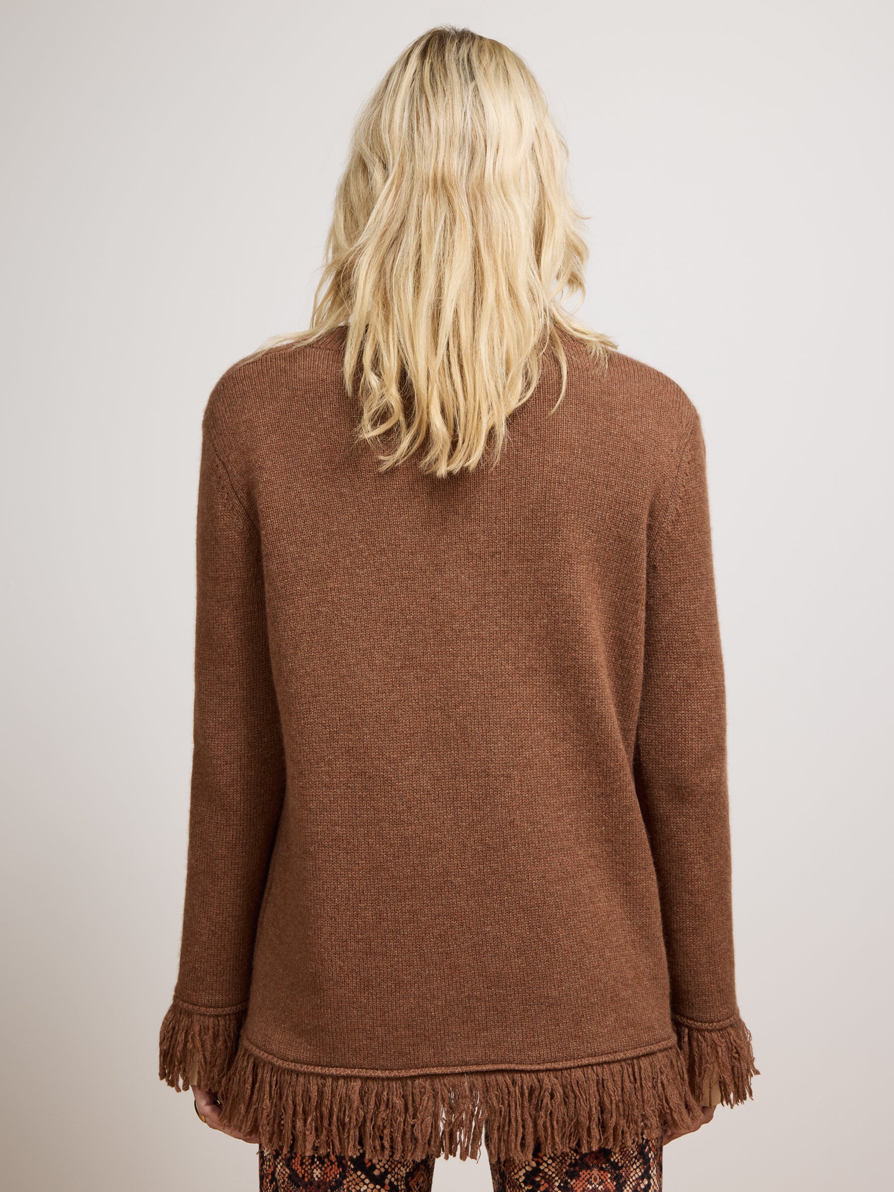 Cashmere Fringe V Neck Jumper Brown