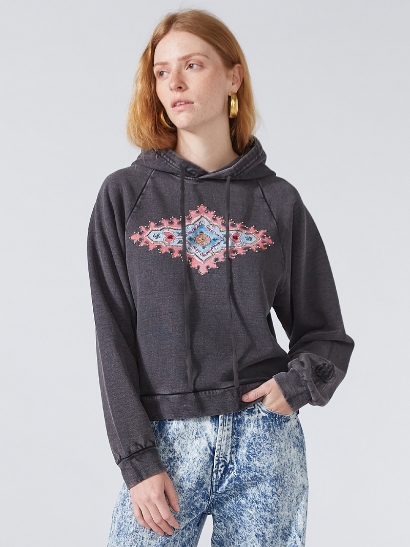 Dylan Printed Embellished Hoodie Acid Wash