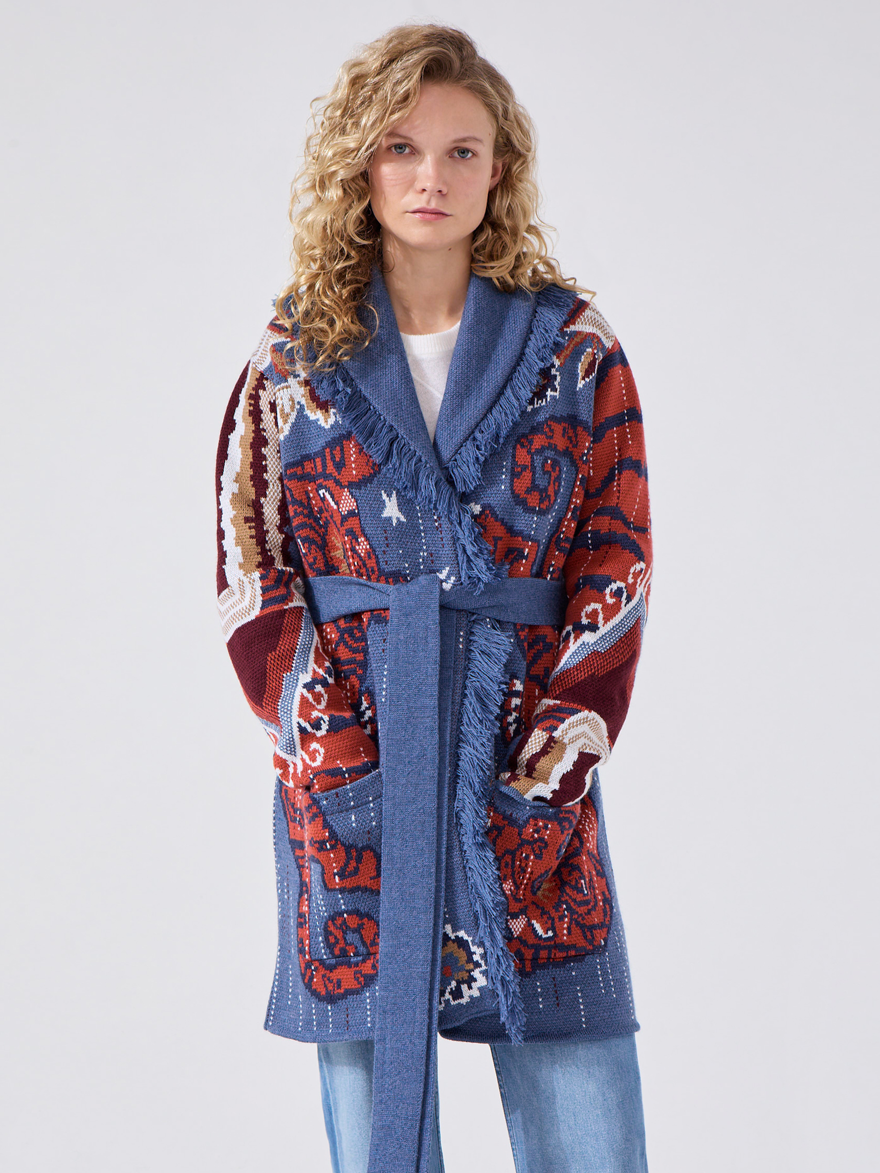 Tibetan Tiger Merino Cardigan Blue