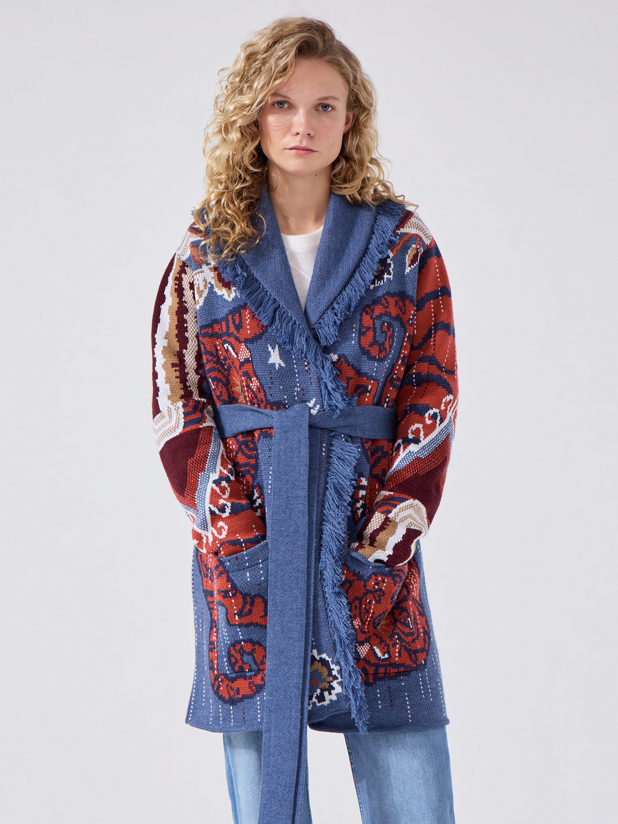 Tibetan Tiger Merino Cardigan Blue