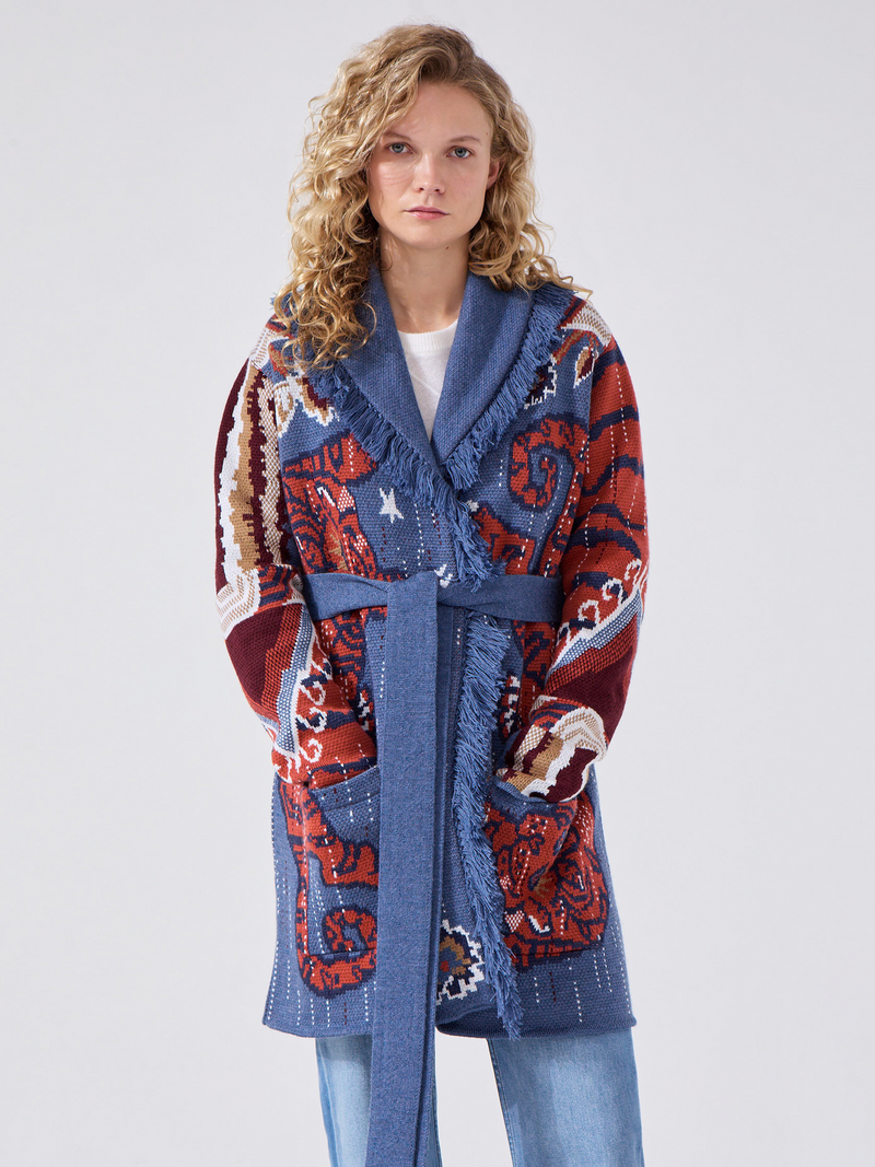 Tibetan Tiger Merino Cardigan Blue