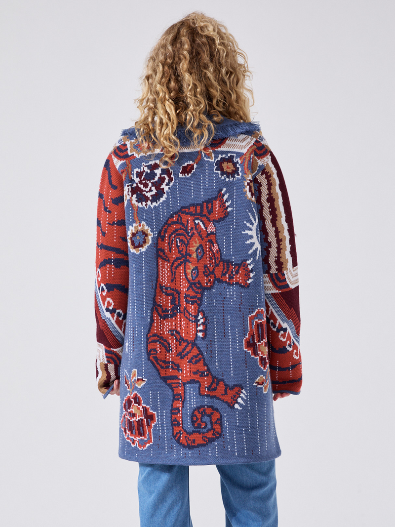 Tibetan Tiger Merino Cardigan Blue