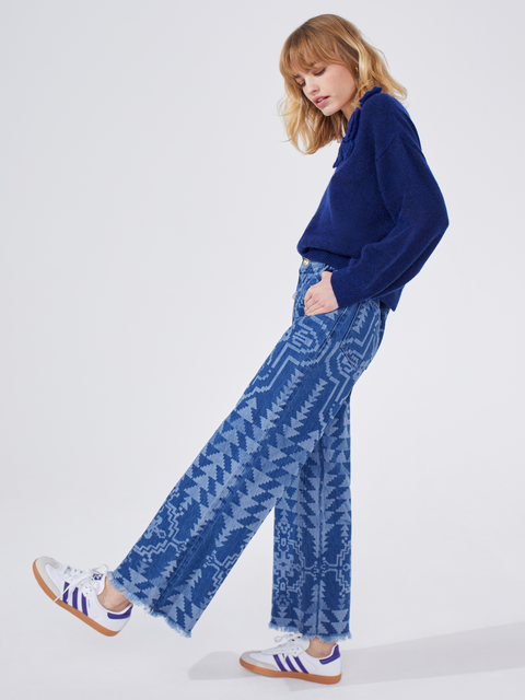 Marley Laser Printed Cropped Wide Leg Jeans Denim Blue