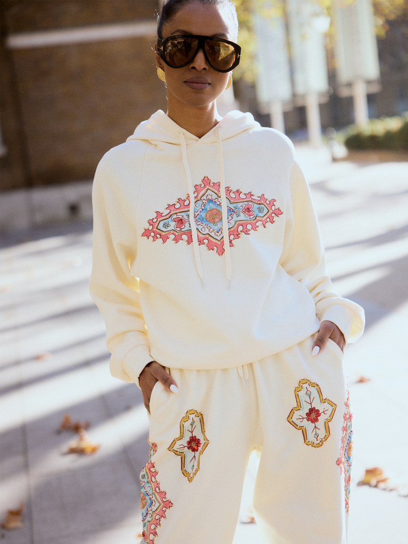 Dylan Printed Embellished Hoodie Cream