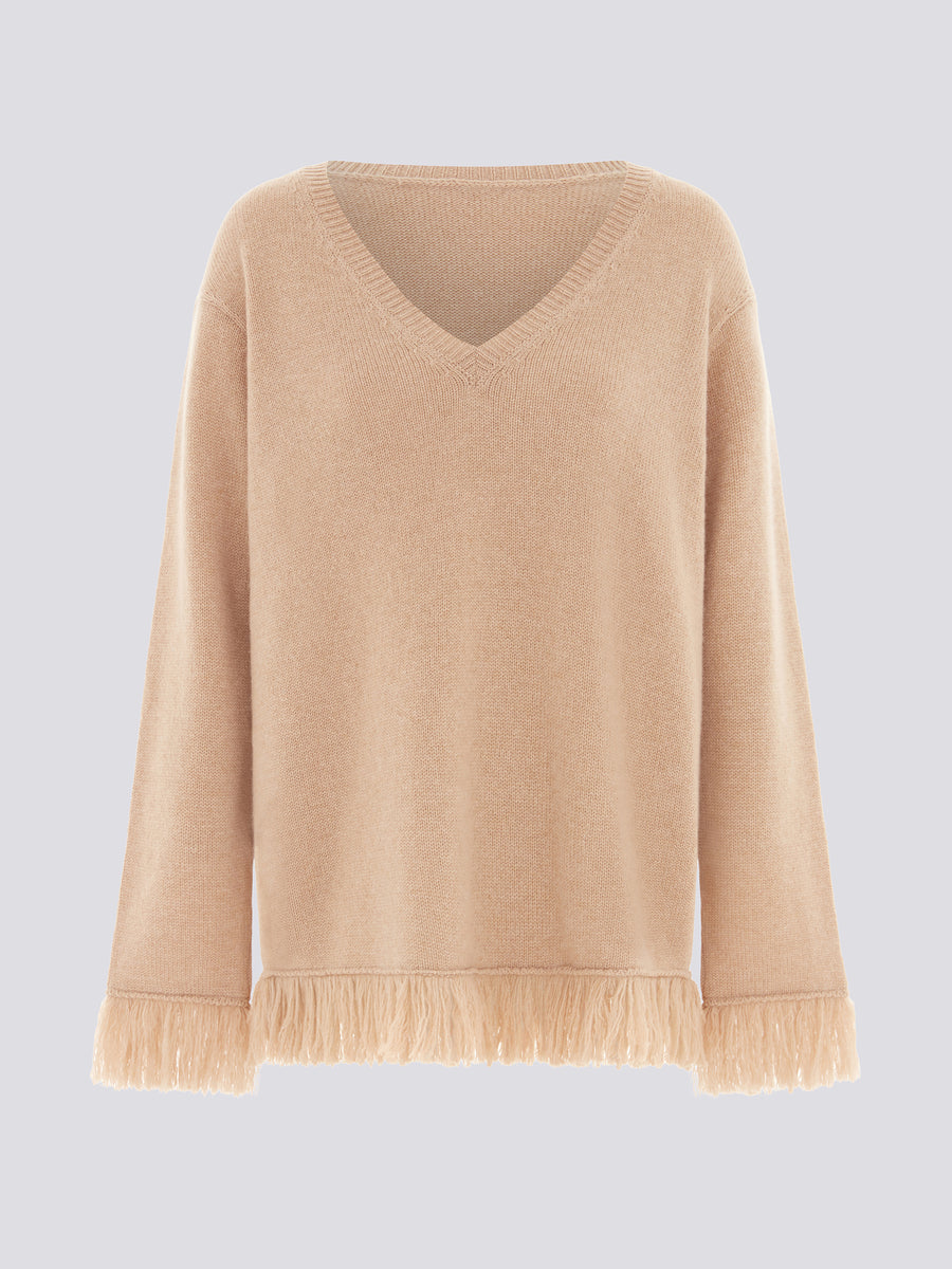 Cashmere Fringe V Neck Jumper Camel