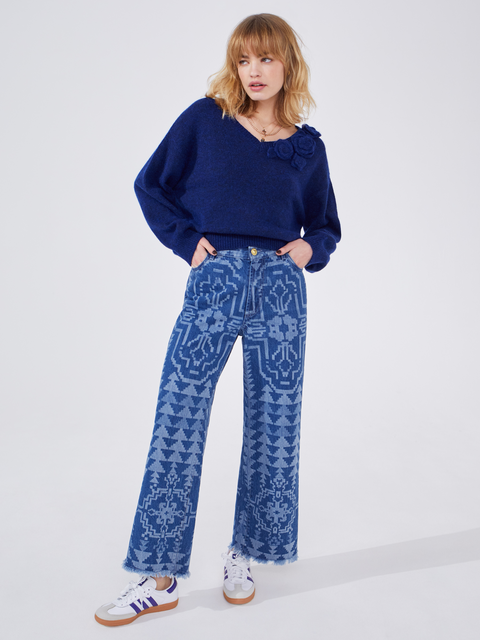 Marley Laser Printed Cropped Wide Leg Jeans Denim Blue