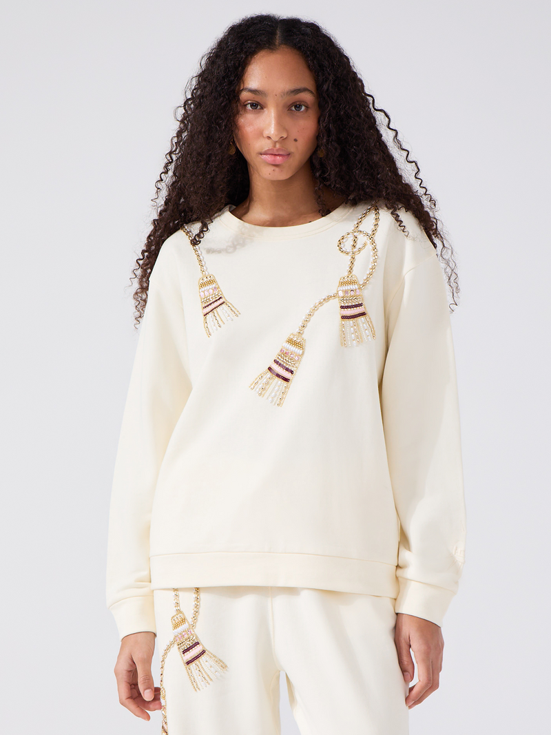 Tassel Beaded Sweatshirt Cream