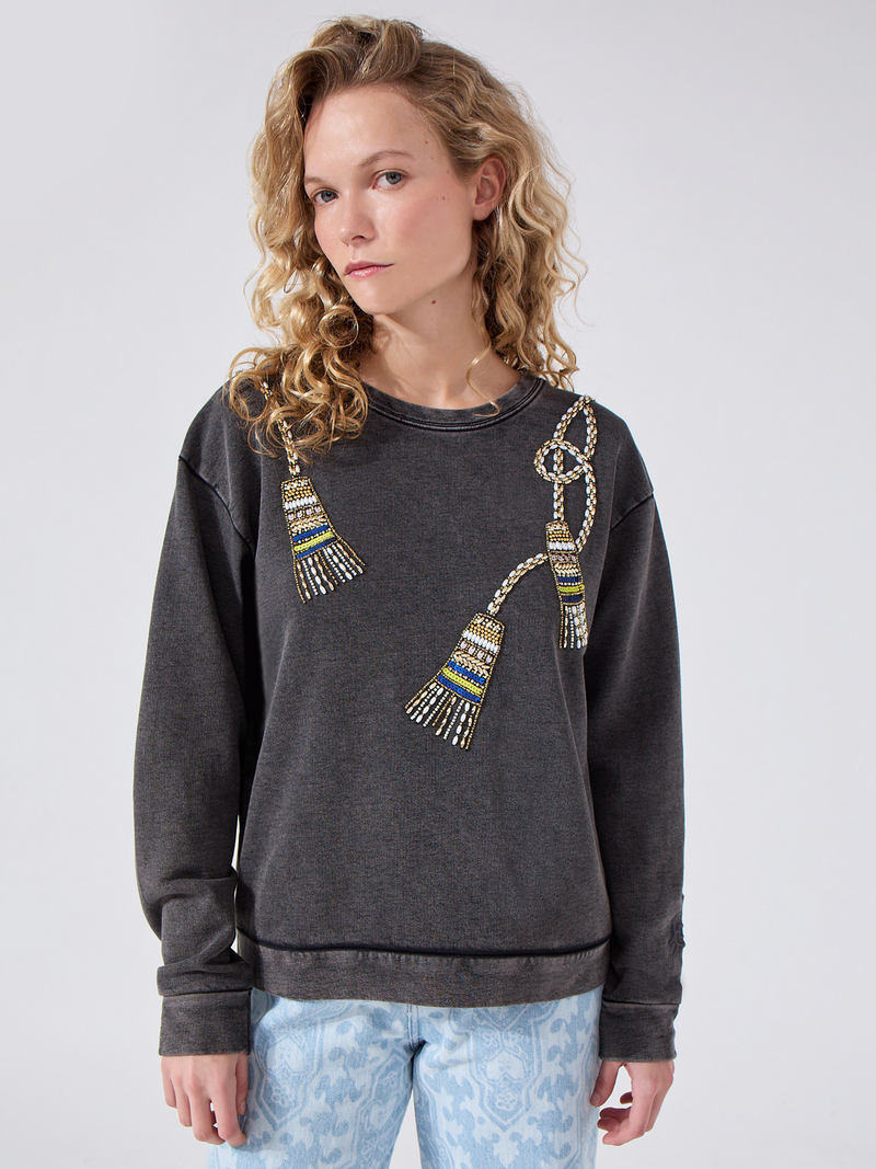 Tassel Beaded Sweatshirt Acid Wash Grey
