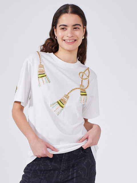 Tassel Beaded T-Shirt White