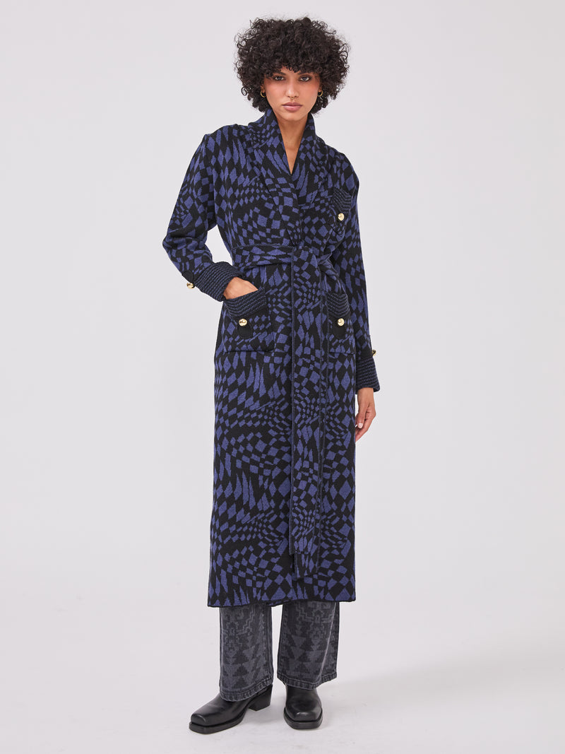 Abstract Check Hari Merino Jacquard Smoking Robe