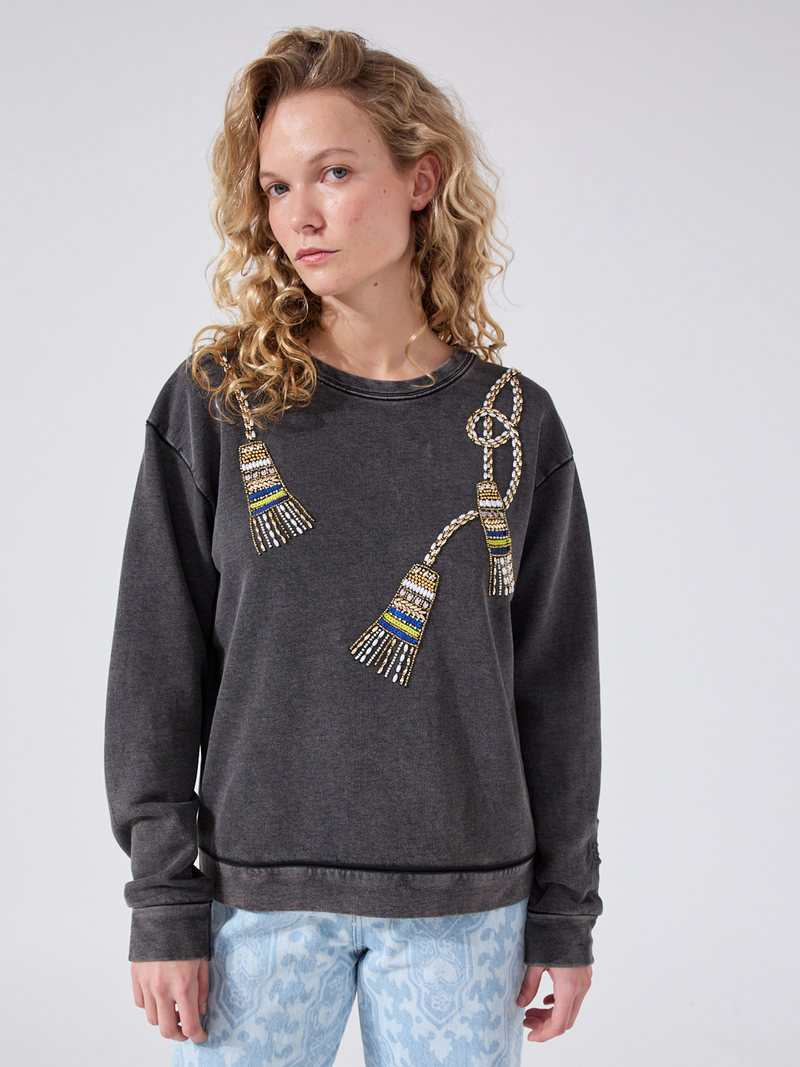 Tassel Beaded Sweatshirt Acid Wash Grey