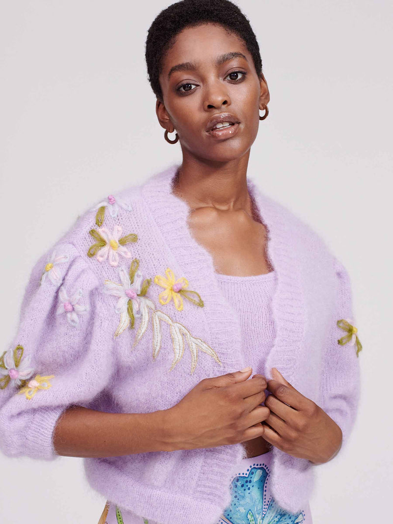 Alma Embroidered Mohair Cropped Cardigan Lilac