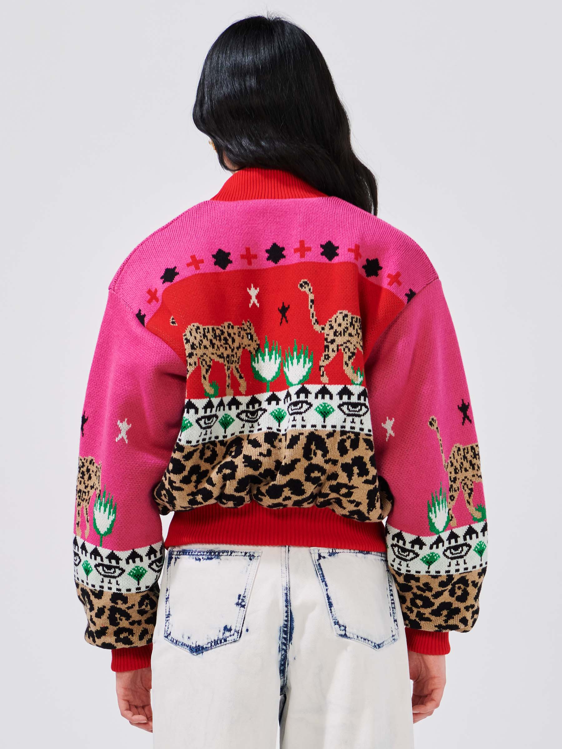 Leopardess Cotton Merino Bomber Jacket Pink/Red – Hayley Menzies